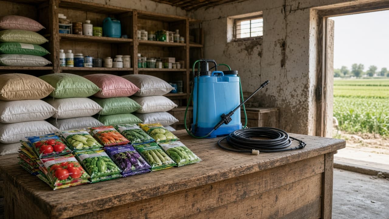 Agricultural inputs arranged in a farm supply shop
